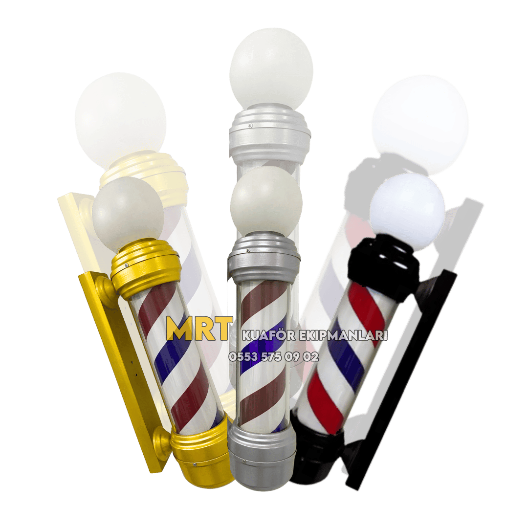 berber direği modelleri gold berber direği, gri ve siyah berber direği, ışıklı berber tabelası, barberpole